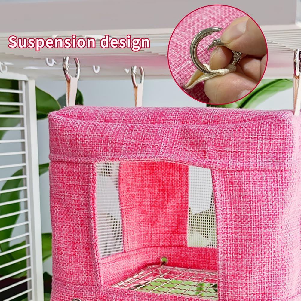 La La Pet Breathable Bird Hut for Summer Hanging Cage Nest with Stainless Steel Mesh Bottom Cooling Hammock Tent for Parrots Macaws Parakeets Cockatoos Lovebirds Pink