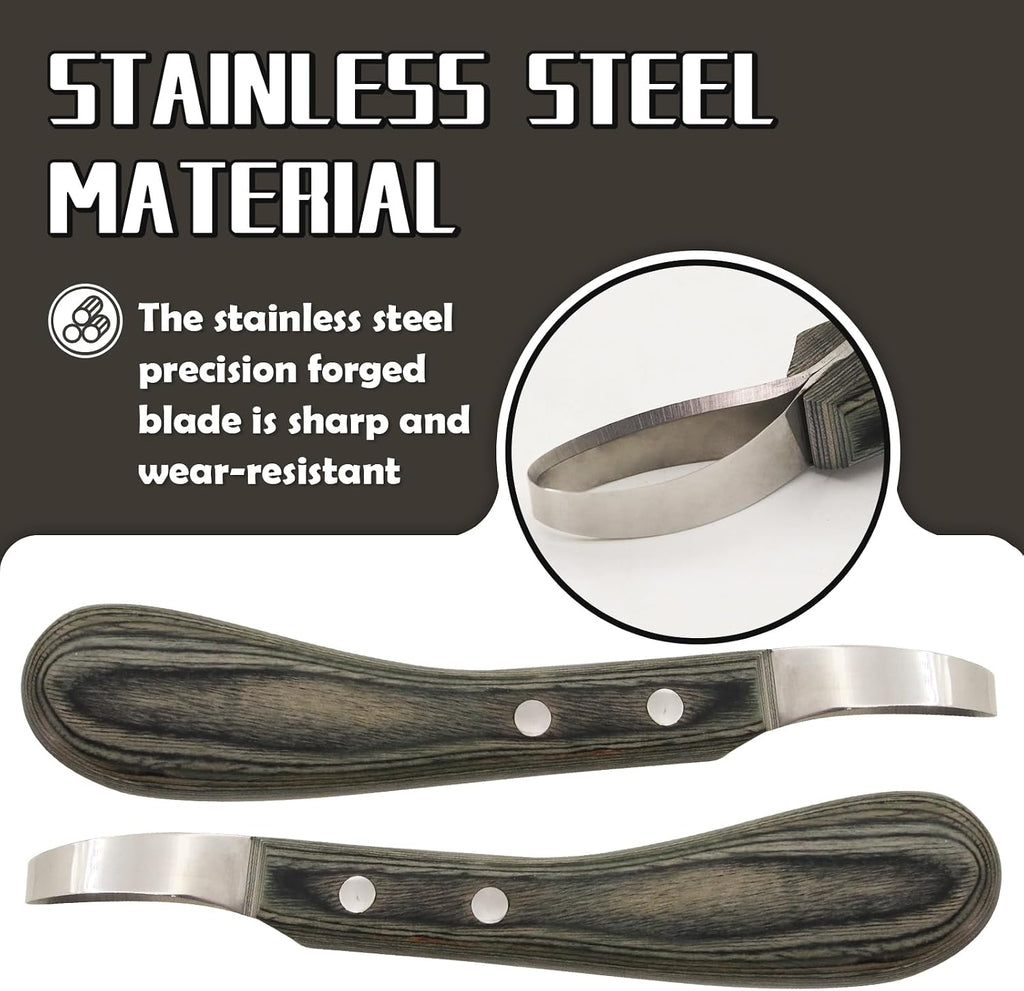Hoof Knife Double Edged Hoof Trimming Knife with Wooden Handle，Stainless Steel Loop Blade Multipurpose Hoof Trimming Knife for Livestock,for Cutting Horses Donkeys Cows Hooves (Black Stripe)
