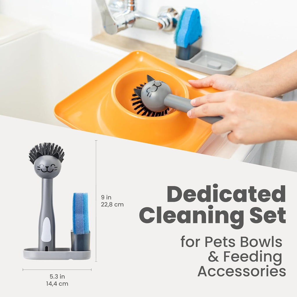 Pet Bowl Cleaner Set with Cat Bowl Brush, Cat Sponge, Holder & Drain Tray