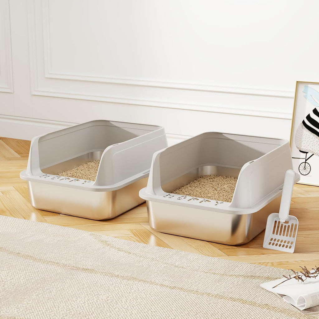 Premium Stainless Steel Cat Litter Box with Scoop – Large High-Sided Open Top Litter Pan, Rust-Resistant & Metal Kitty Litter Tray, Non-Stick Easy Clean Surface with Non-Slip Pads