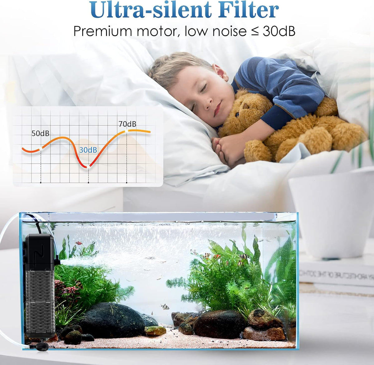 AQQA Submersible Aquarium Filter, Adjustable Flow with Aeration System