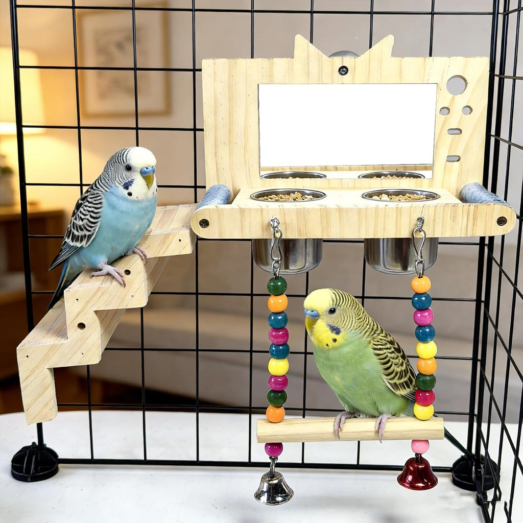 Bird Perch Platform Swing with Mirror Ladder Bowl,Parrot Play Gym Cage Toys