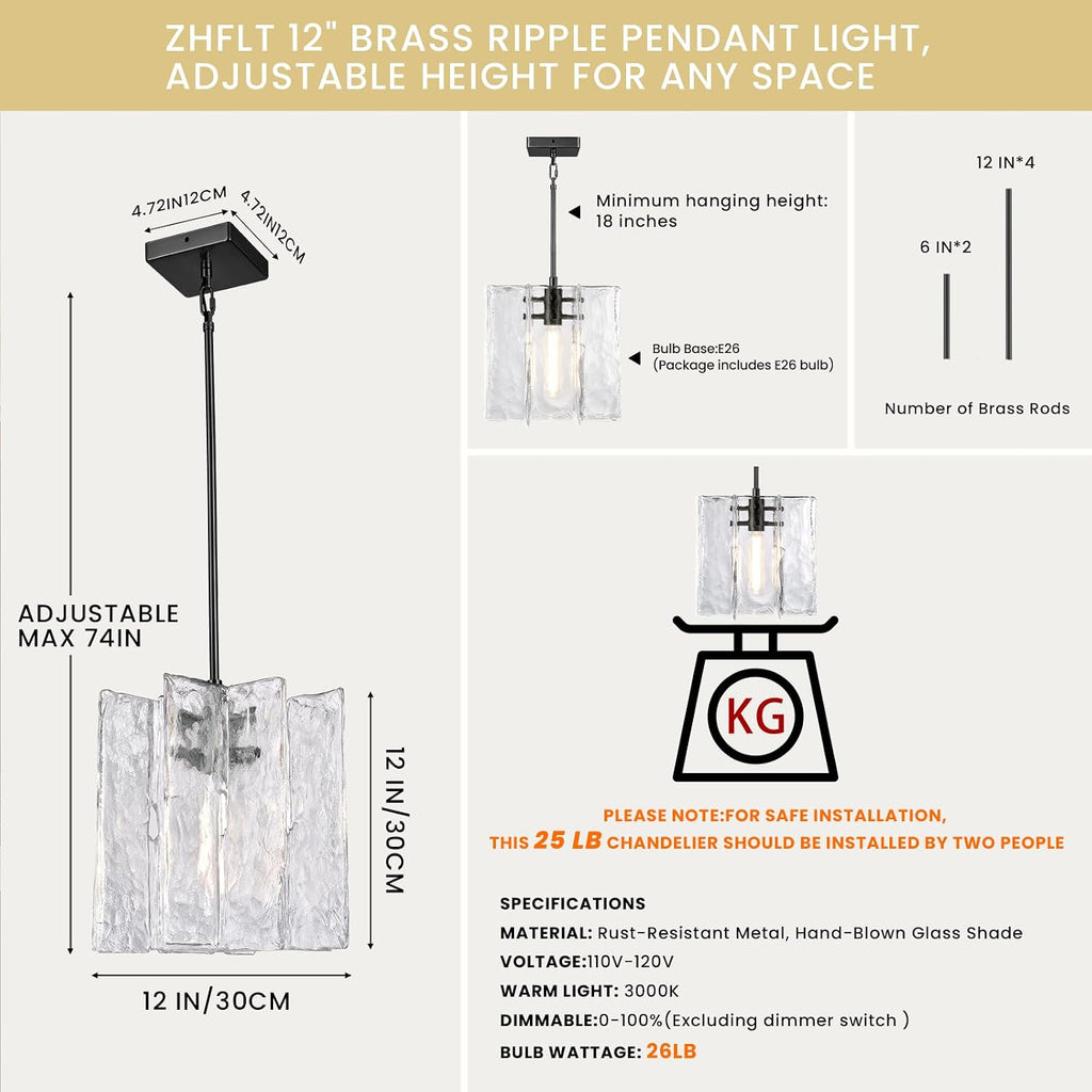 Modern Black Water Ripple Glass Kitchen Island Pendant Light Fixtures,12 in Large Glass Pendant Lights,for Bedroom,Foyer,Entryway,Dining, Bulbs Included