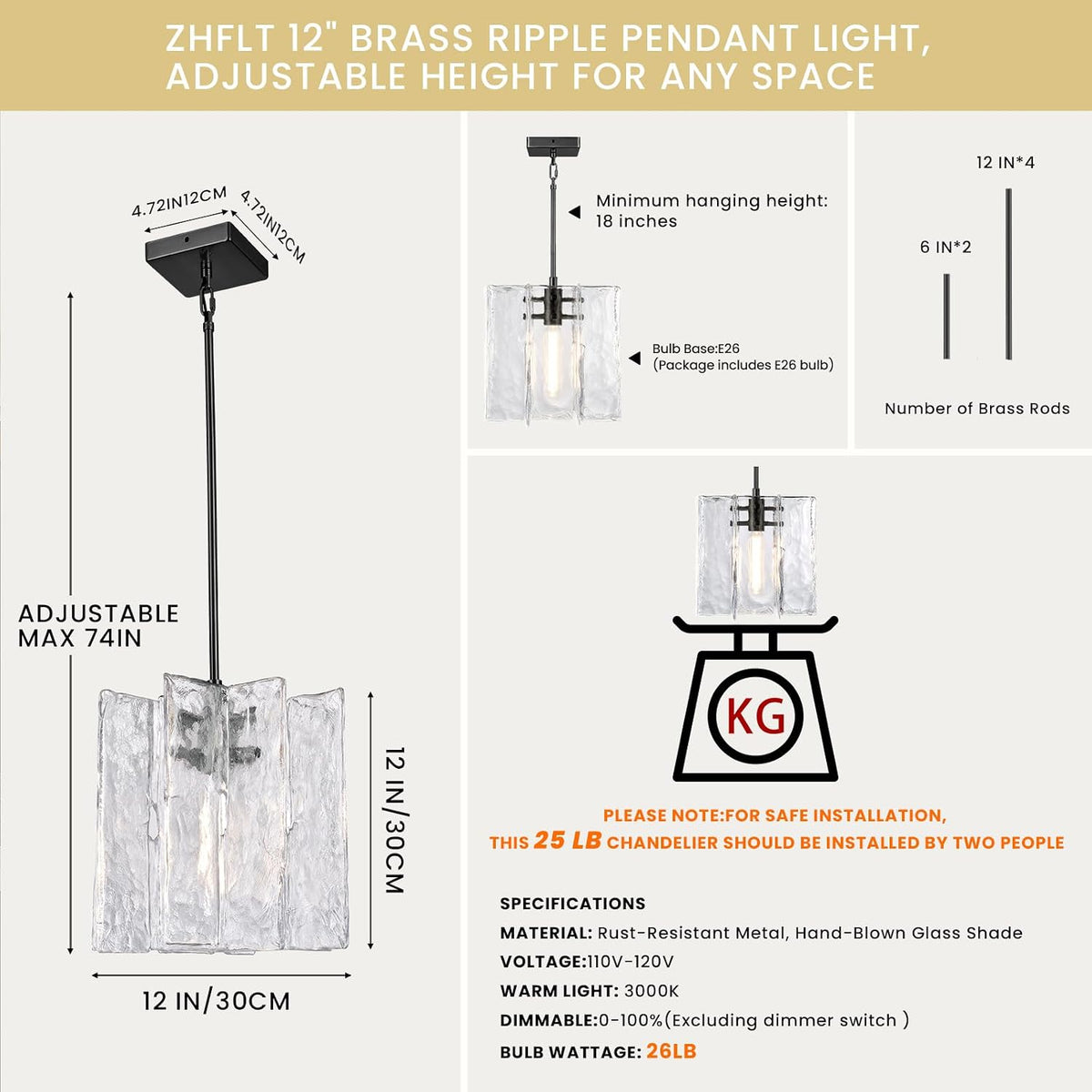 Modern Black Water Ripple Glass Kitchen Island Pendant Light Fixtures,12 in Large Glass Pendant Lights,for Bedroom,Foyer,Entryway,Dining, Bulbs Included