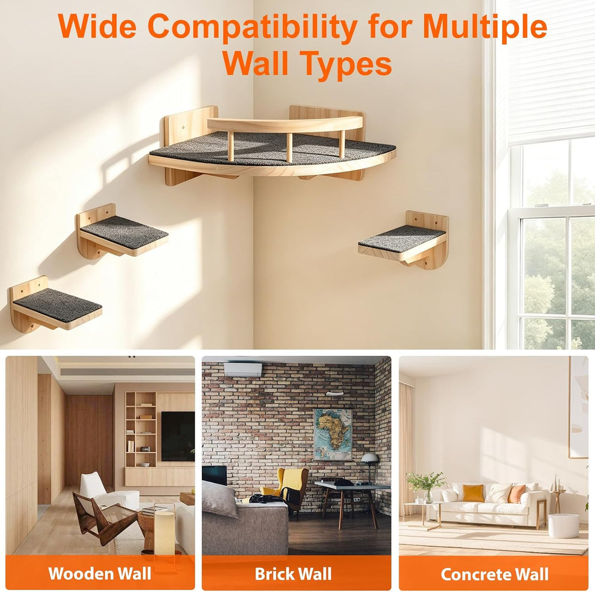 Cat Wall Shelves with 3 Perch Steps, Cat Wall Climber Furniture Up to 26lbs