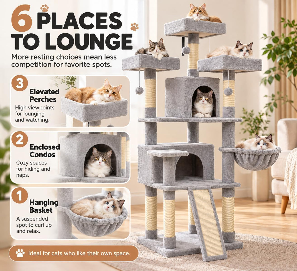 66" Multi-Level Cat Tree, 3 Perches, 2 Condos, Light Gray