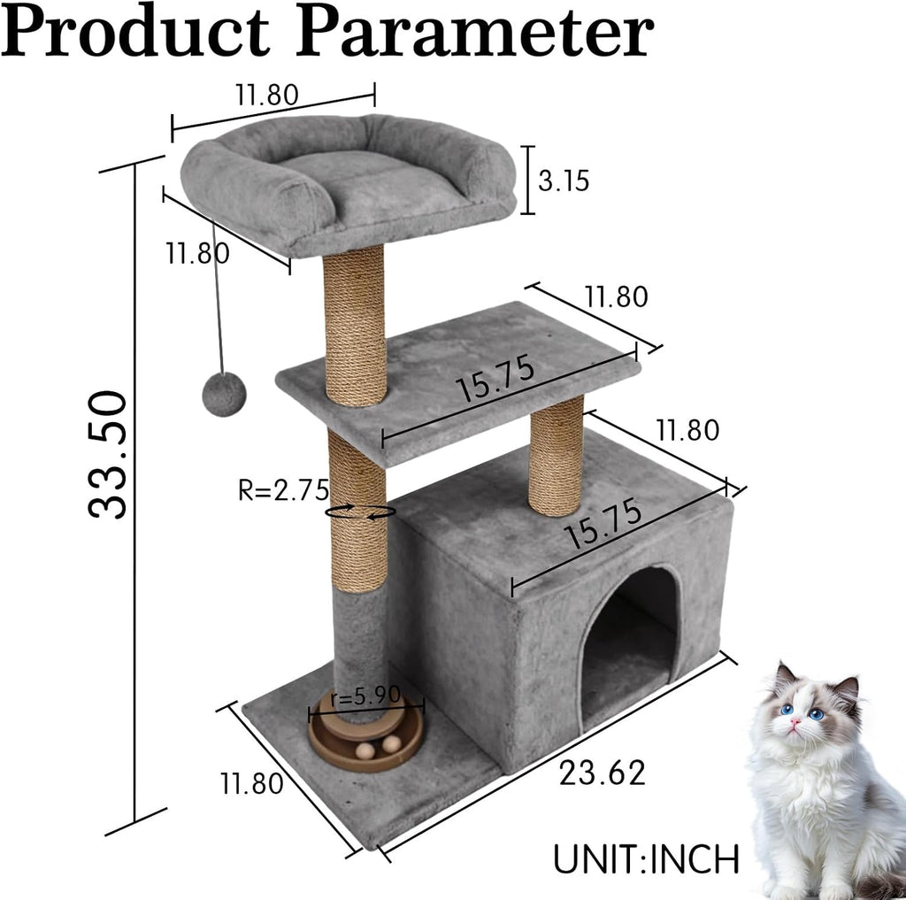 Small Cat Tree for Indoor Cats, Activity Cat Tower with Scratching Post for Kittens, Modern Cat Furniture with Basket & Hanging Ball for Play Rest, Grey
