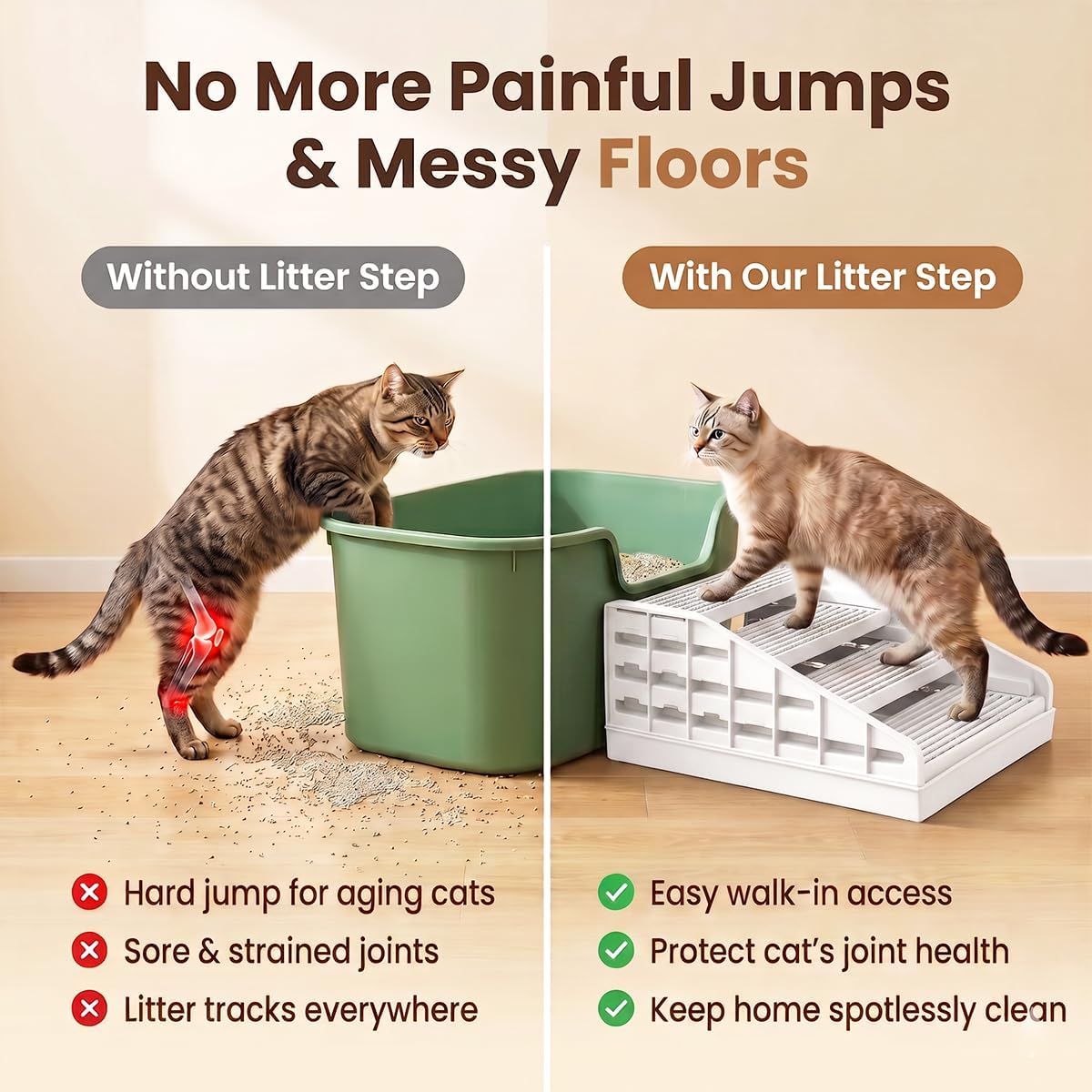 Litter Box Step for Senior Cats, Height Adjustable Cat Stairs, White