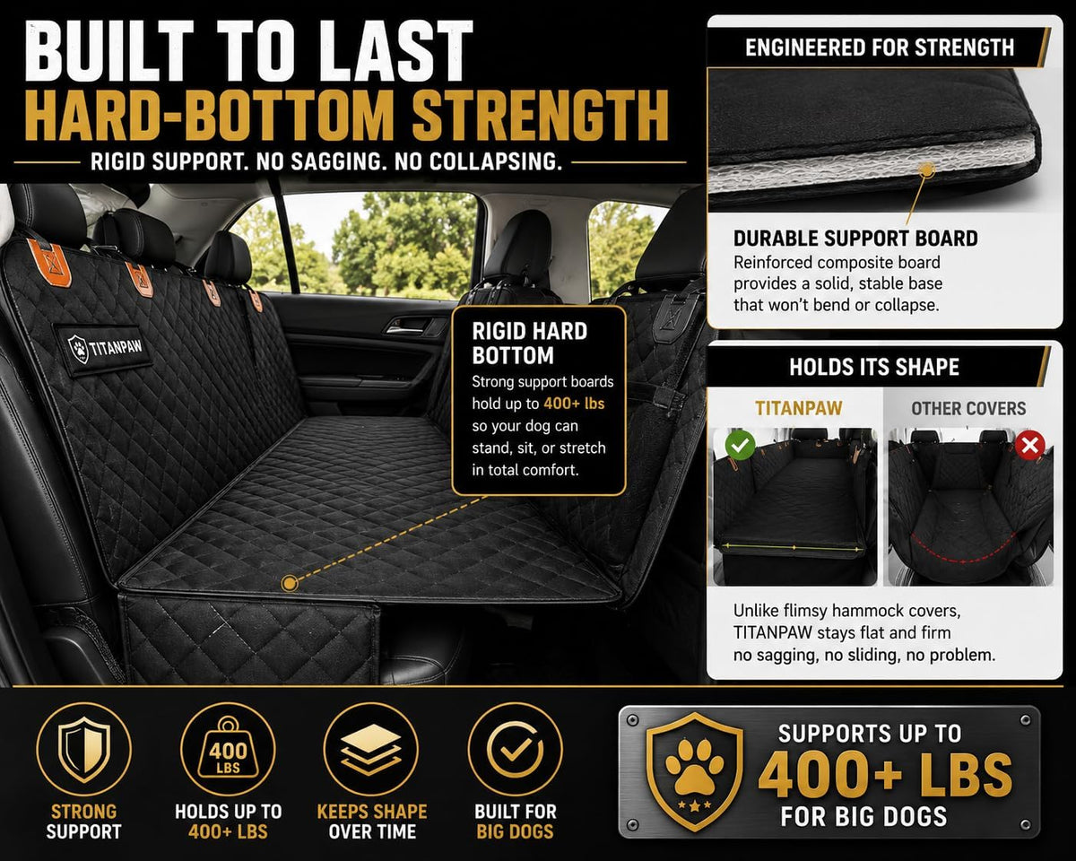 Hard-Bottom Dog Car Seat Cover for Back Seat, Flat Seat Extender for Large Dogs, Waterproof Non-Slip Pet Hammock with 400 lb Support, Fits SUVs, Trucks & Cars