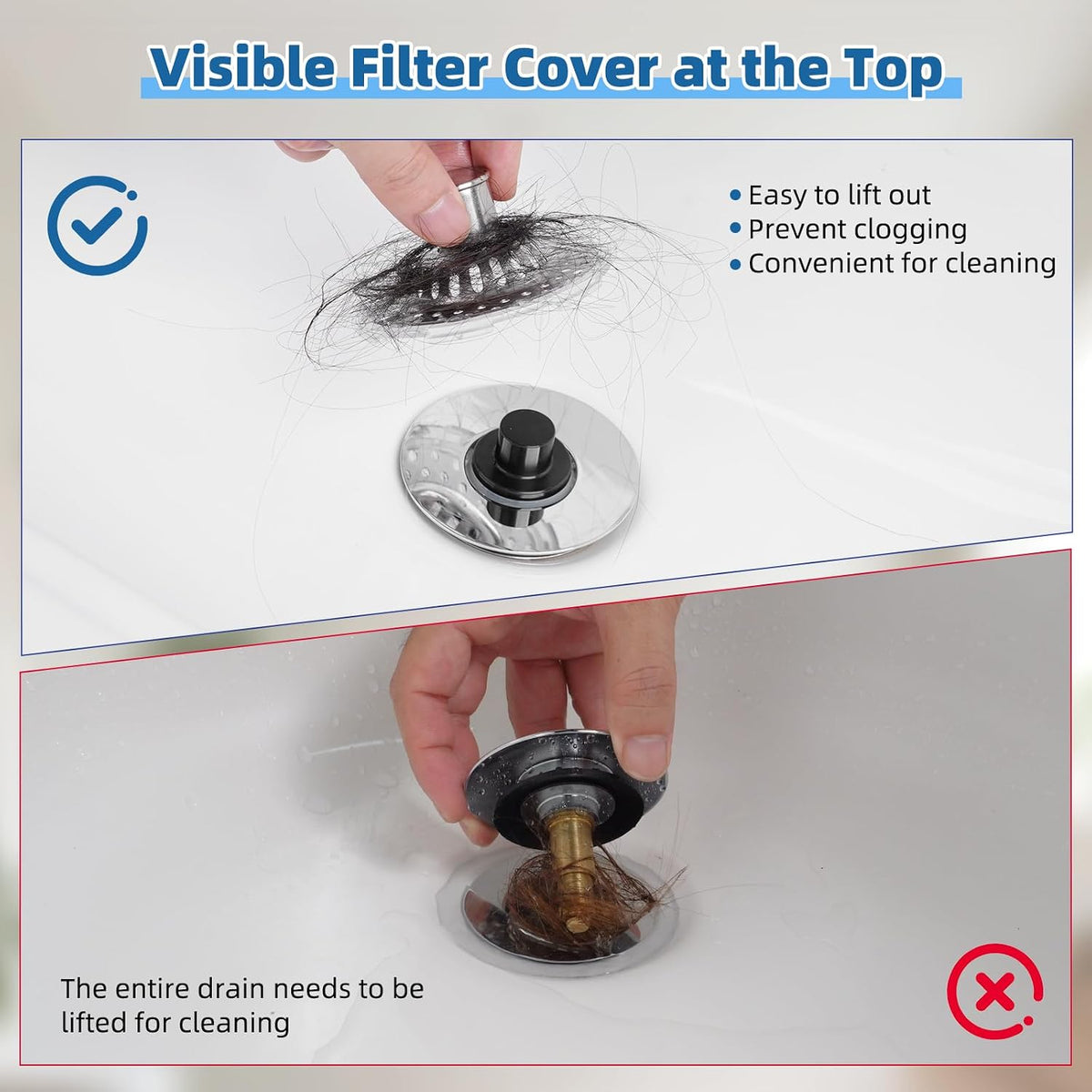 2PCS Universal Bathtub Drain Stopper, All Metal Top Hair Catcher, Chrome