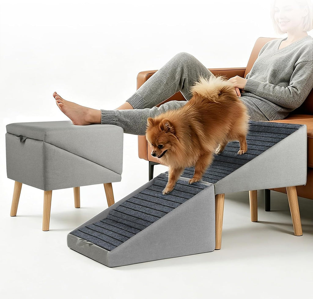 Split Ottoman Dog Ramp for Couch, 17.52" H Dog Stairs for Small Dogs and Cats, Foldable Pet Steps for Puppy and Medium/Senior Dogs,Non-Slip and Portable (Light Yellow)