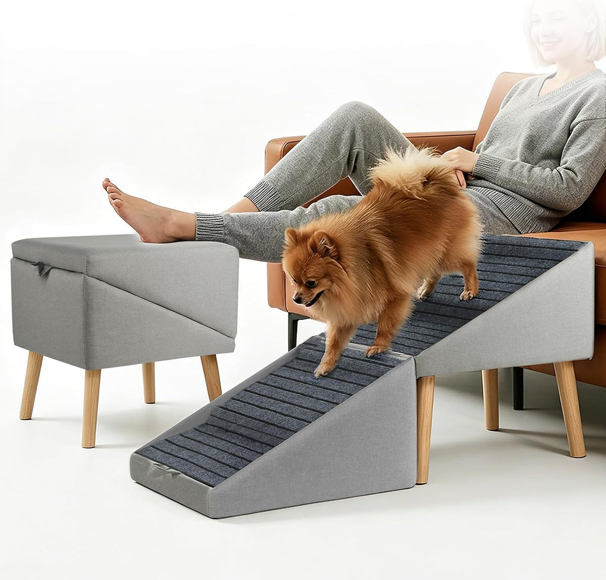 Split Ottoman Dog Ramp for Couch, 17.52" H Dog Stairs for Small Dogs and Cats, Foldable Pet Steps for Puppy and Medium/Senior Dogs,Non-Slip and Portable (Light Yellow)