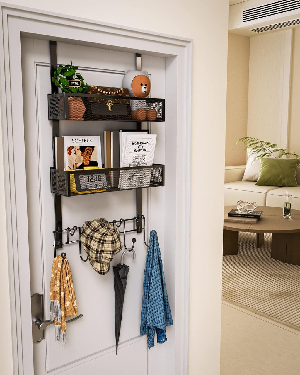 HapiRm Over the Door Hanger with Coat Hooks and 2 Baskets, Rustproof & Waterproof Over the Door Hooks, Storage Organizer for Hats, Bathroom, Kitchen, Bedroom, RV, Camper-Black (for 1.76in Doors)