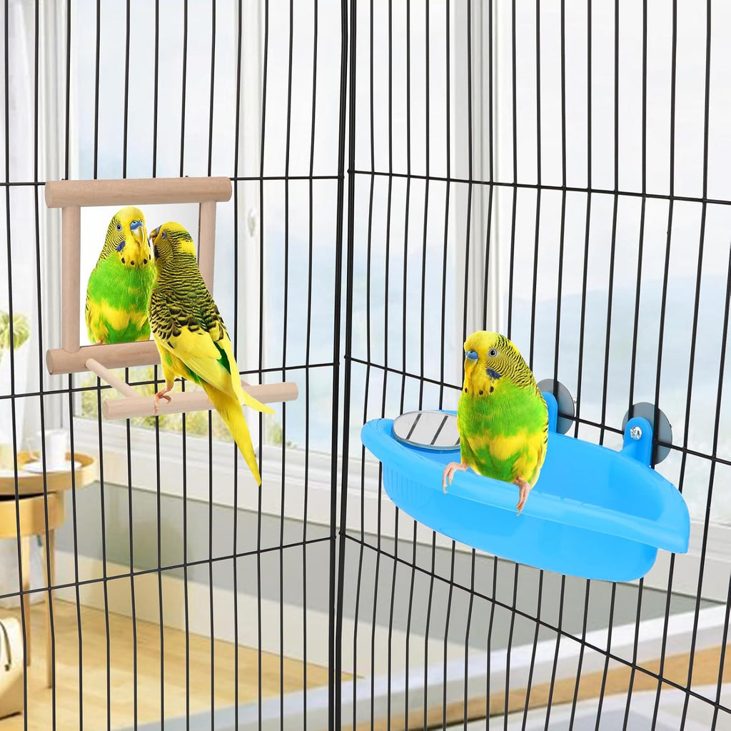Wontee Bird Bath Parrot Bathing Tub Bird Mirror with Perch Toys for Budgies Parakeets Cockatiels Lovebirds Finches Canaries (Blue (B))