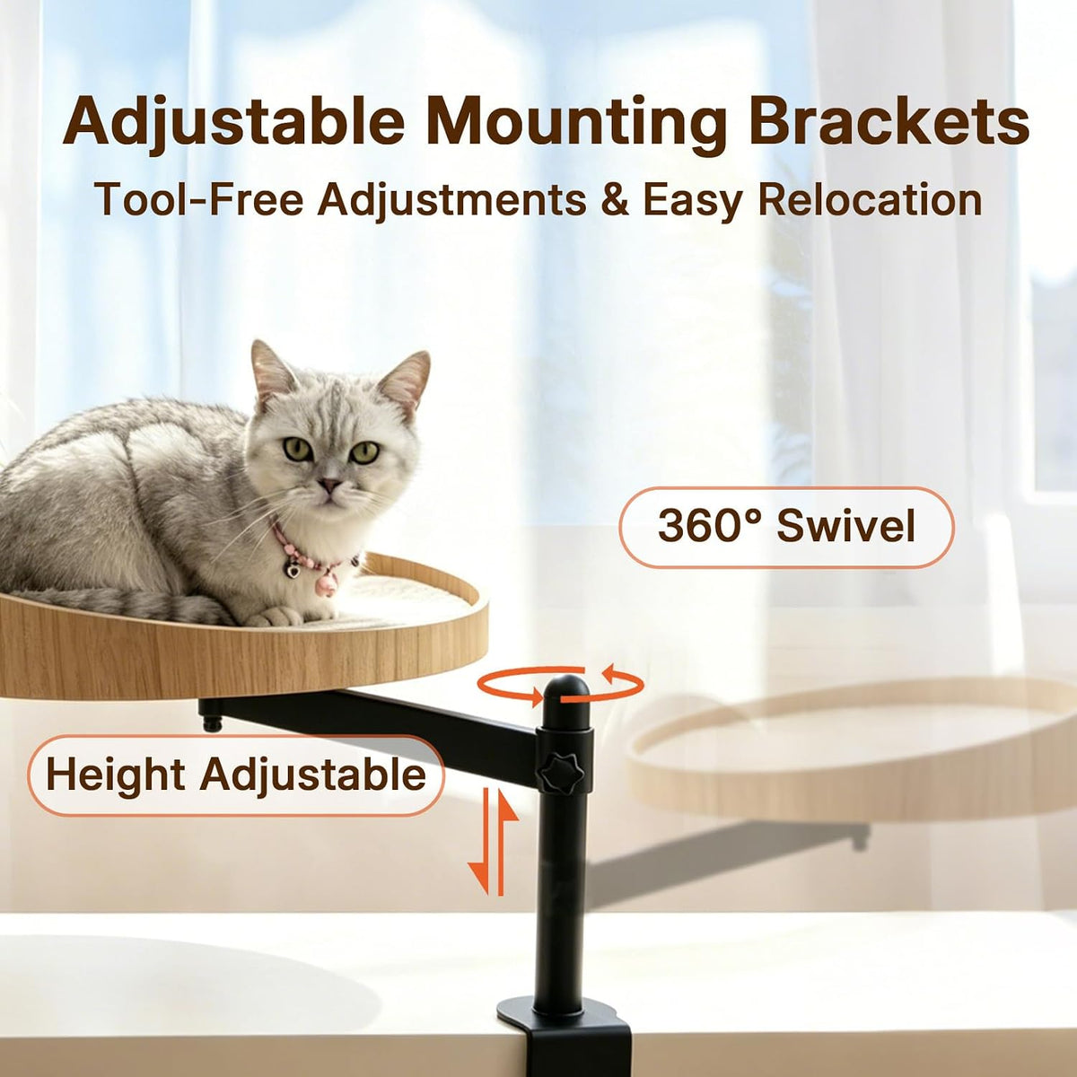 360° Swivel Clamp-On Cat Desk Bed & Window Perch, Elevated Pet Hammock with Washable Cushion, No Drill Sturdy Frame Lounger Shelf for Bedroom, Desk, Bedside (Wood)