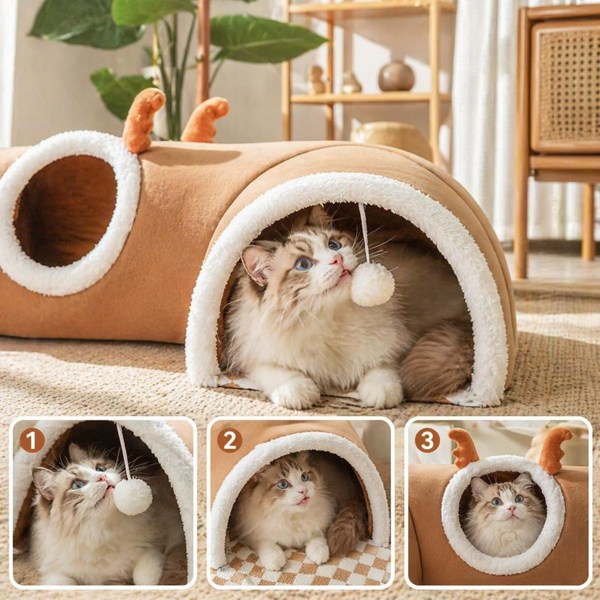 Cat Tunnel Bed for Indoor Cats, Removable Cute Cat Tunnel for Small Large Cats with Plush Balls Toys, Peekaboo Pet Cave Play Tunnel for Kitten, Puppy, Rabbit(Brown,Medium)