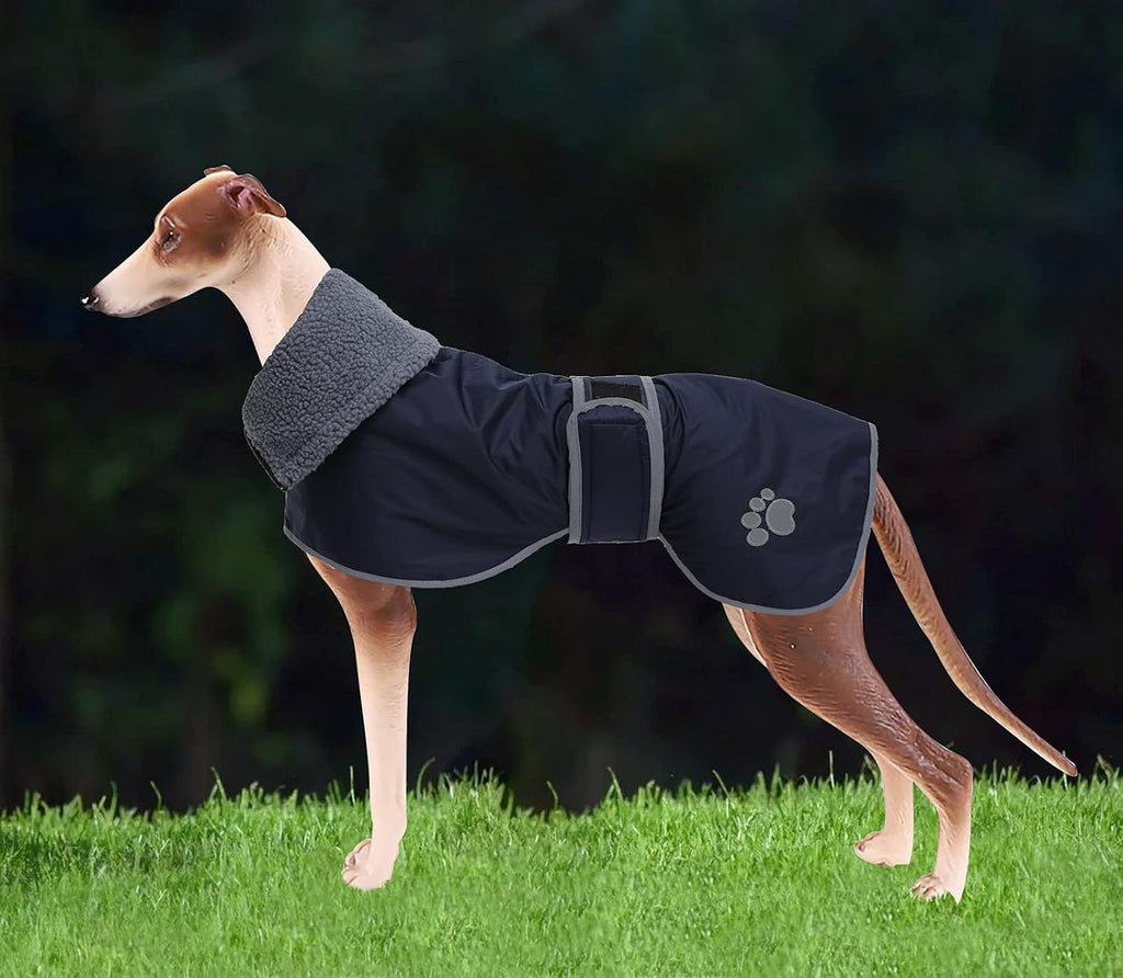 Geyecete Dog Winter Coat Greyhound Raincoat Fabric with Lamb Velvet Inside Outdoor Dog Apparel with Adjustable Bands for Medium, Large Dog-Navy-L