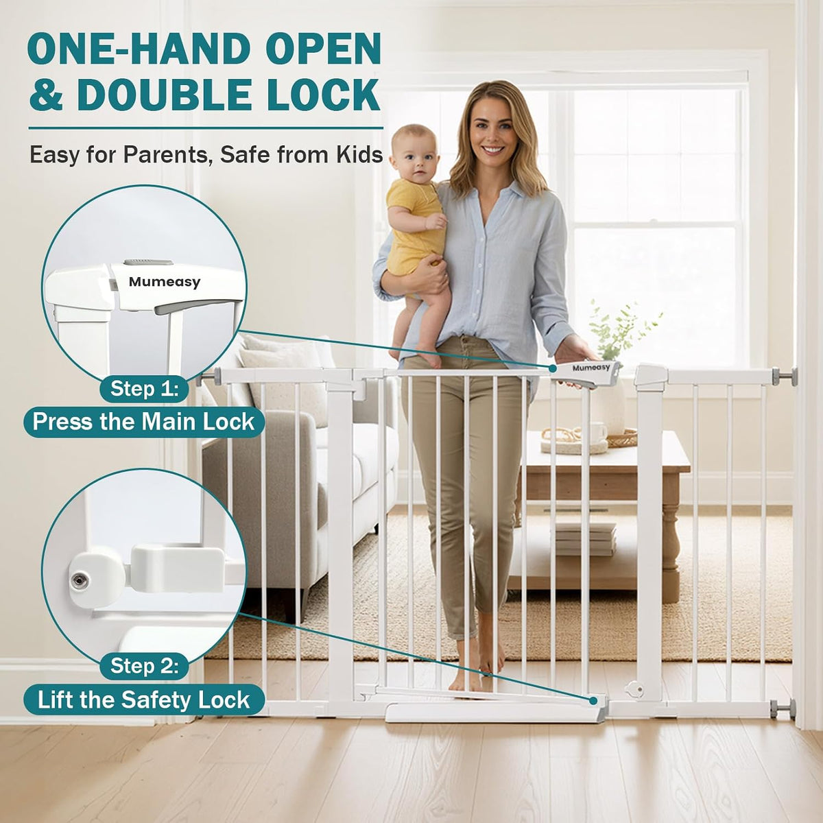 Mumeasy 29.7–48" Baby Gate for Stairs, Dog Gate for Doorways, Auto Close Child Gate, Indoor Safety Pet Gate with Walk Thru Door, Easy Install Pressure Mounted Extra Wide Gate for Kitchen, House,White