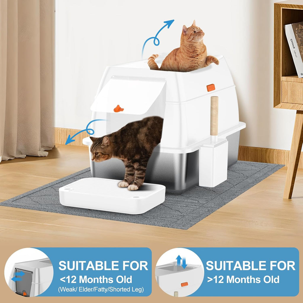 Stainless Steel Litter Box with Lid,Extra Large Enclosed Removable Cat Litter Boxes for Big Cats,Top Entry Metal Kitty Litter Box with Cover.Anti-Leakage,Easy Cleaning.Includes Scoop&Litter Mat-White