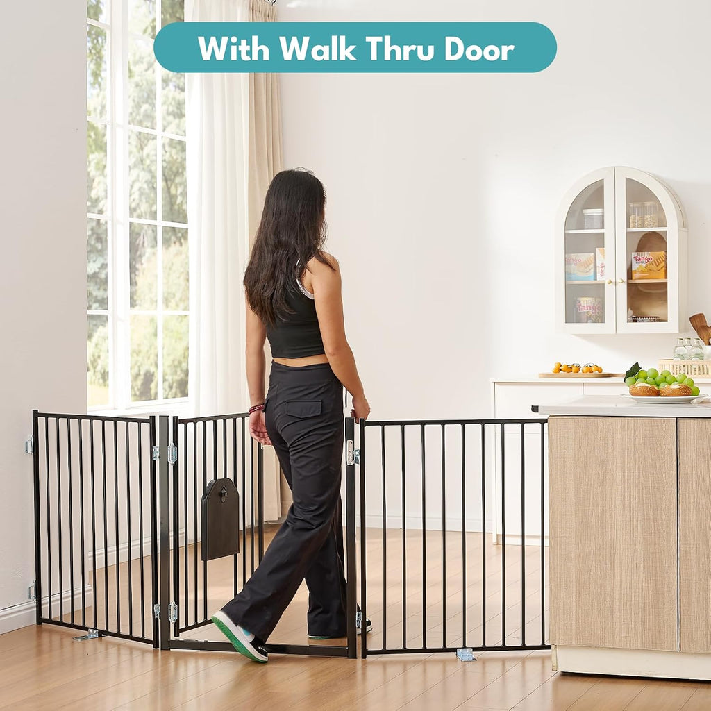 No Pawblems Freestanding Dog Gate with Cat Door for Indoor & Outdoor,Black