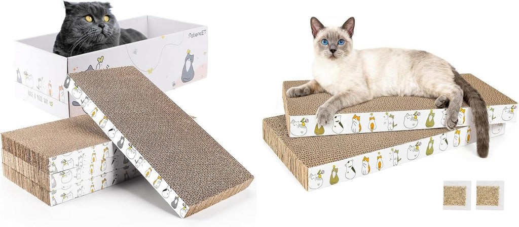 PatiencET Bundle of 4 Pack Cardboard Cat Scratcher Lounge Bed for Indoor Cats and 2 Pack Cardboard Cat Scratcher Pad with Catnips