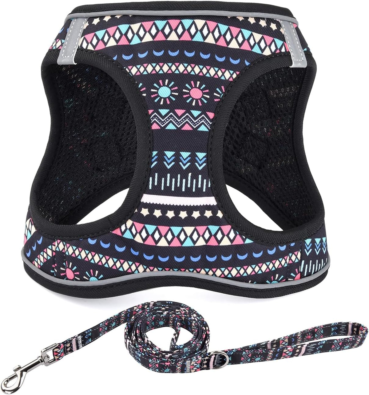 Mihqy Step in Dog Harness and Leash Set, Breathable Mesh, Black Bohemia,XS