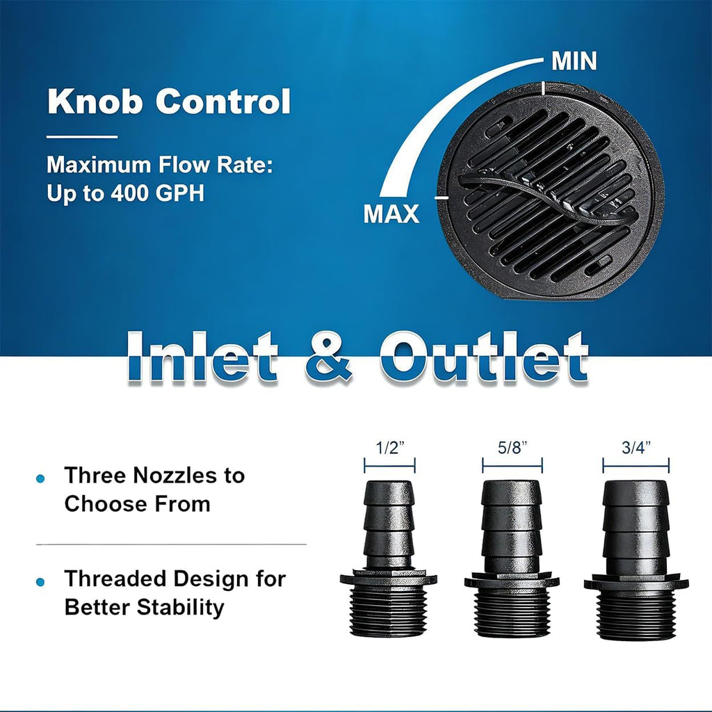 400GPH Quiet Submersible Water Pump for Aquariums Fountains with 3 Nozzles