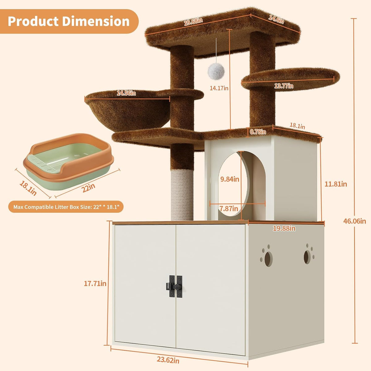 Halloween Cat Tree with Litter Box Enclosure, Hidden Litter Box Furniture with Cat Tower, Cat Tree with with Sisal Scratching Post,Hammocks,Condo,Multiple Platform,Soft Plush Perch, Hickory