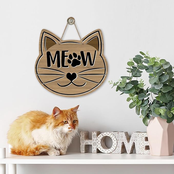 Cute Cat Meow Front Door Sign, Pet Farmhouse Wood Door Hanger Outdoor Outside - Image 6