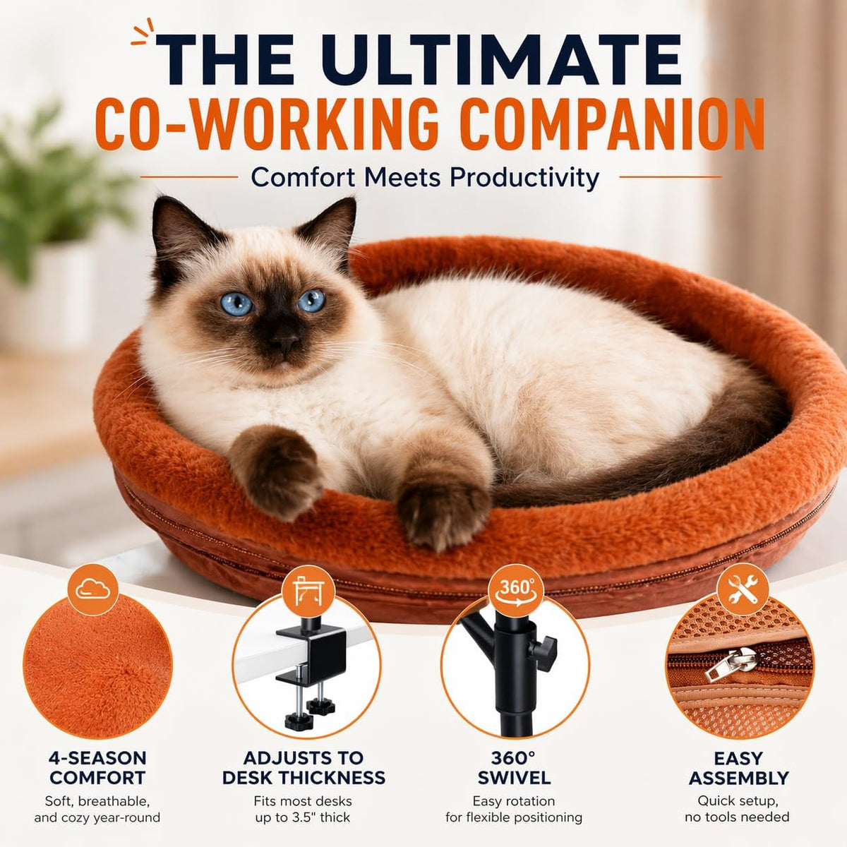 Cat Desk Bed, 360° Rotating & Height Adjustable