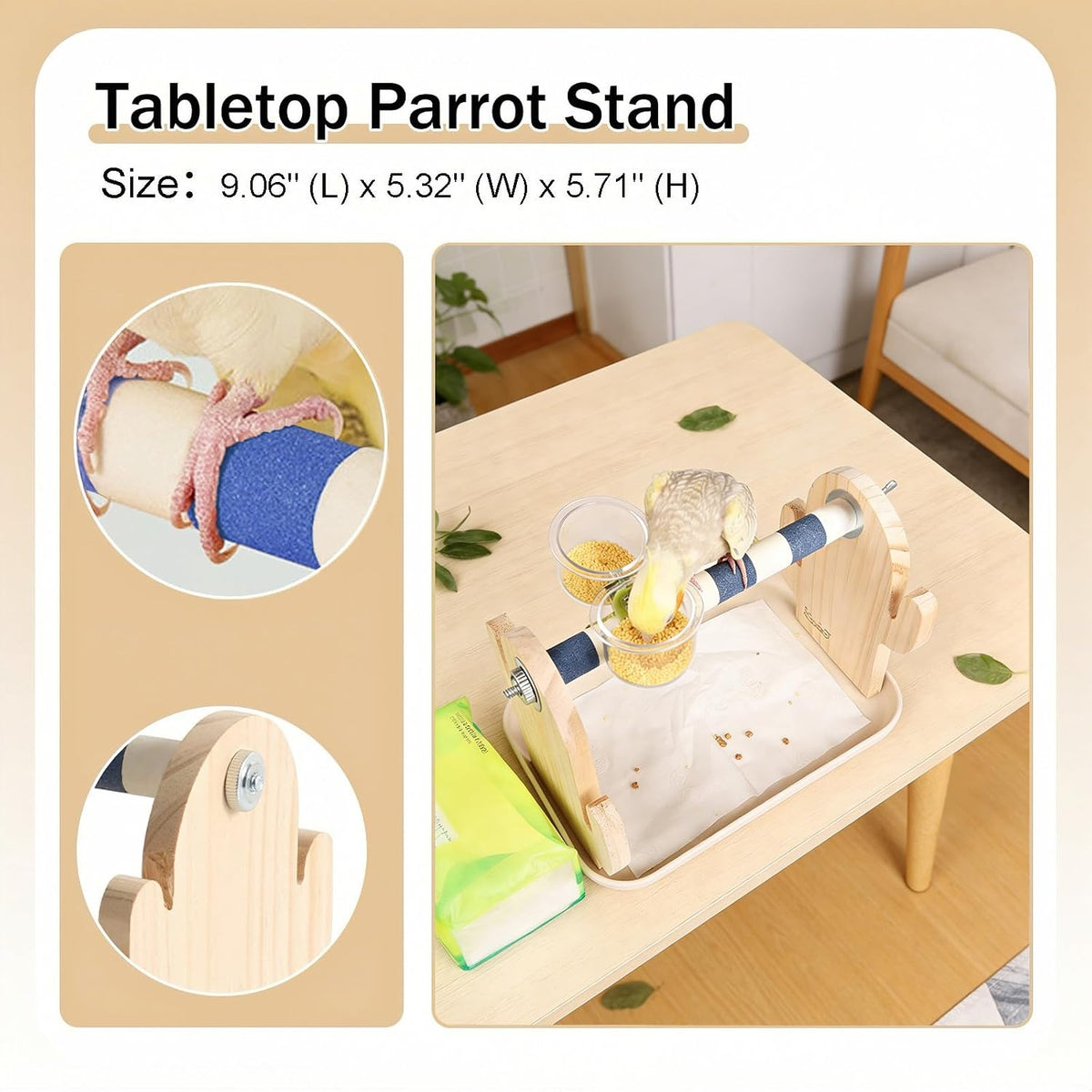 Wood Bird Perches Stand，2-in-1 Parrot Perch Stand，Portable Bird Stand，9.1''L*5.3''W*5.7''H Bird Training Perch with Removable Plastic Tray for Small and Medium-Sized Birds Play Stand(Room-Blue)
