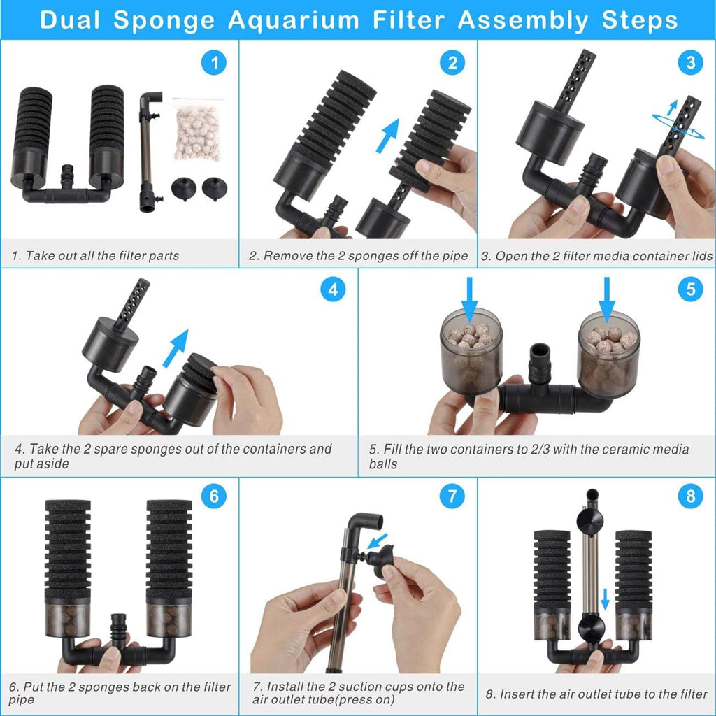 Hygger Aquarium Double Sponge Filter, Comes with 2 Spare Sponges, 1 Bag of Bio Ceramic Media Balls, Quiet Submersible Foam Filter for Fresh Water and Salt-Water Fish Tank (M)