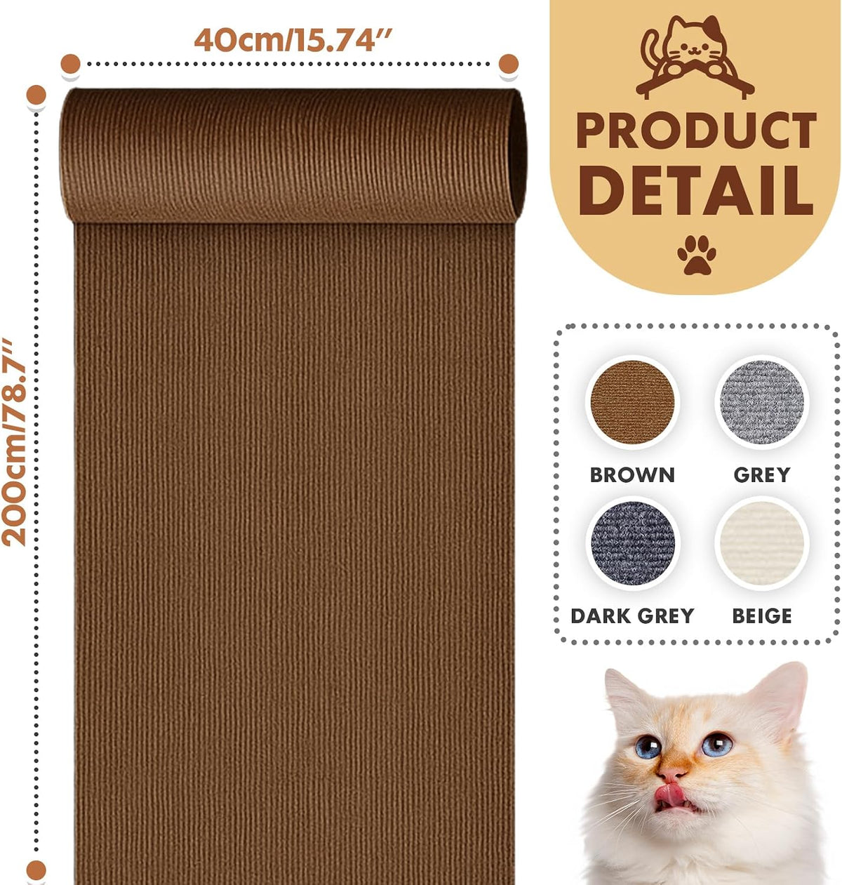 PowerKing Cat Scratch Furniture Protector, 78.7"x15.8" Self-Adhesive Cat Scratch Mat for Couch & Sofa, Trimmable DIY Cat Scratcher Pads for Indoor Cats (Brown)