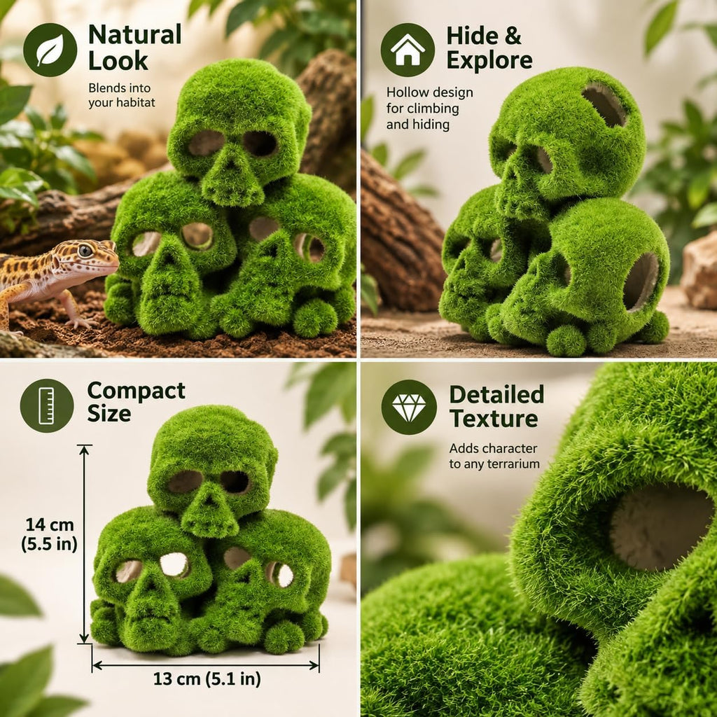 Moss Skull Terrarium Decor, Reptile Hide Tank Accessories for Gecko Lizard