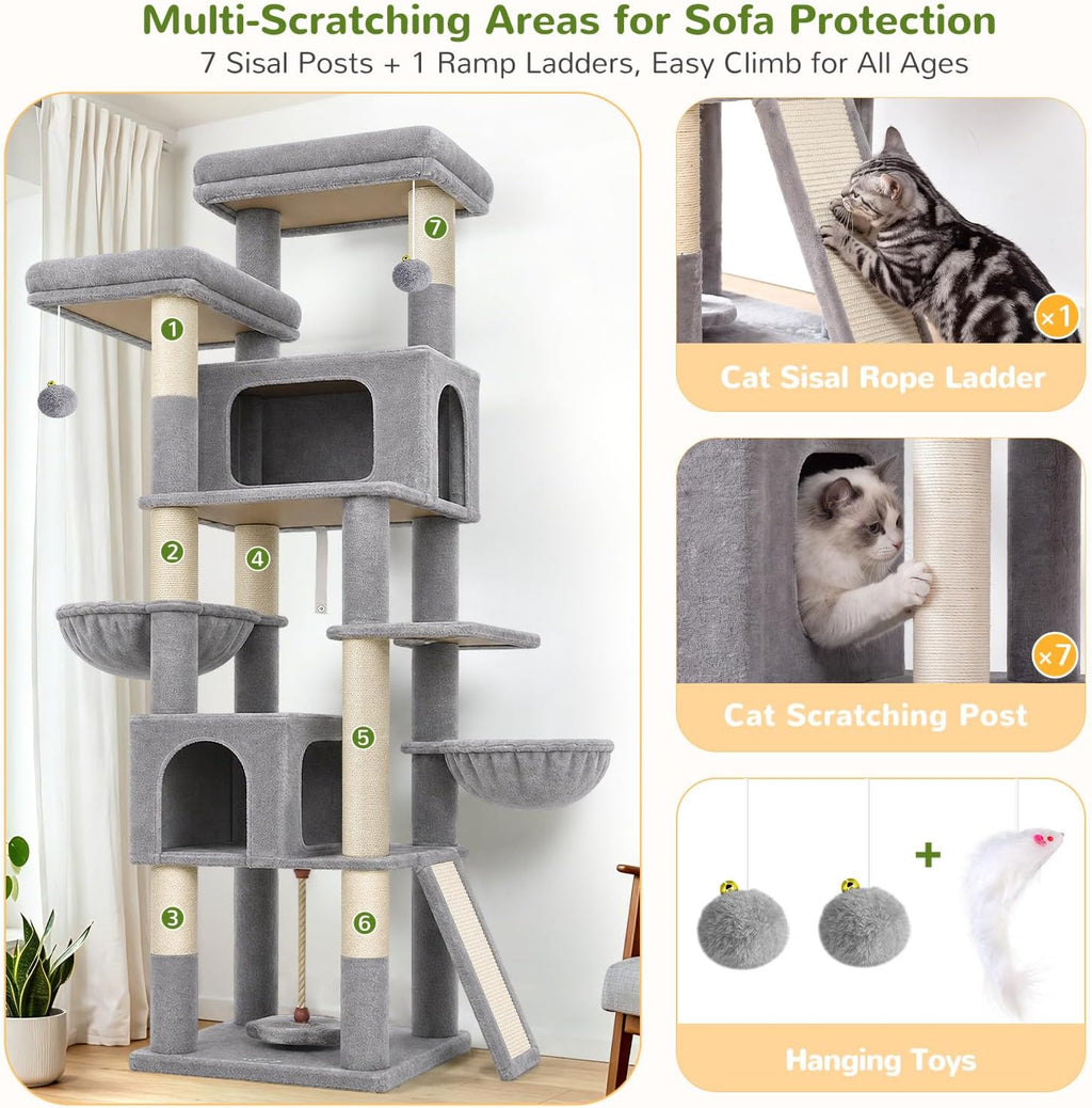 Globlazer 75in Tall Cat Tree Tower for Indoor Cats, F75B, Light Grey