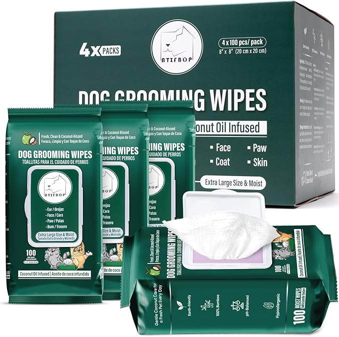 ATIFBOP Dog Wipes for Paws and Bum, Hypoallergenic Pet Grooming Wipes Natural by ATIFBOP
