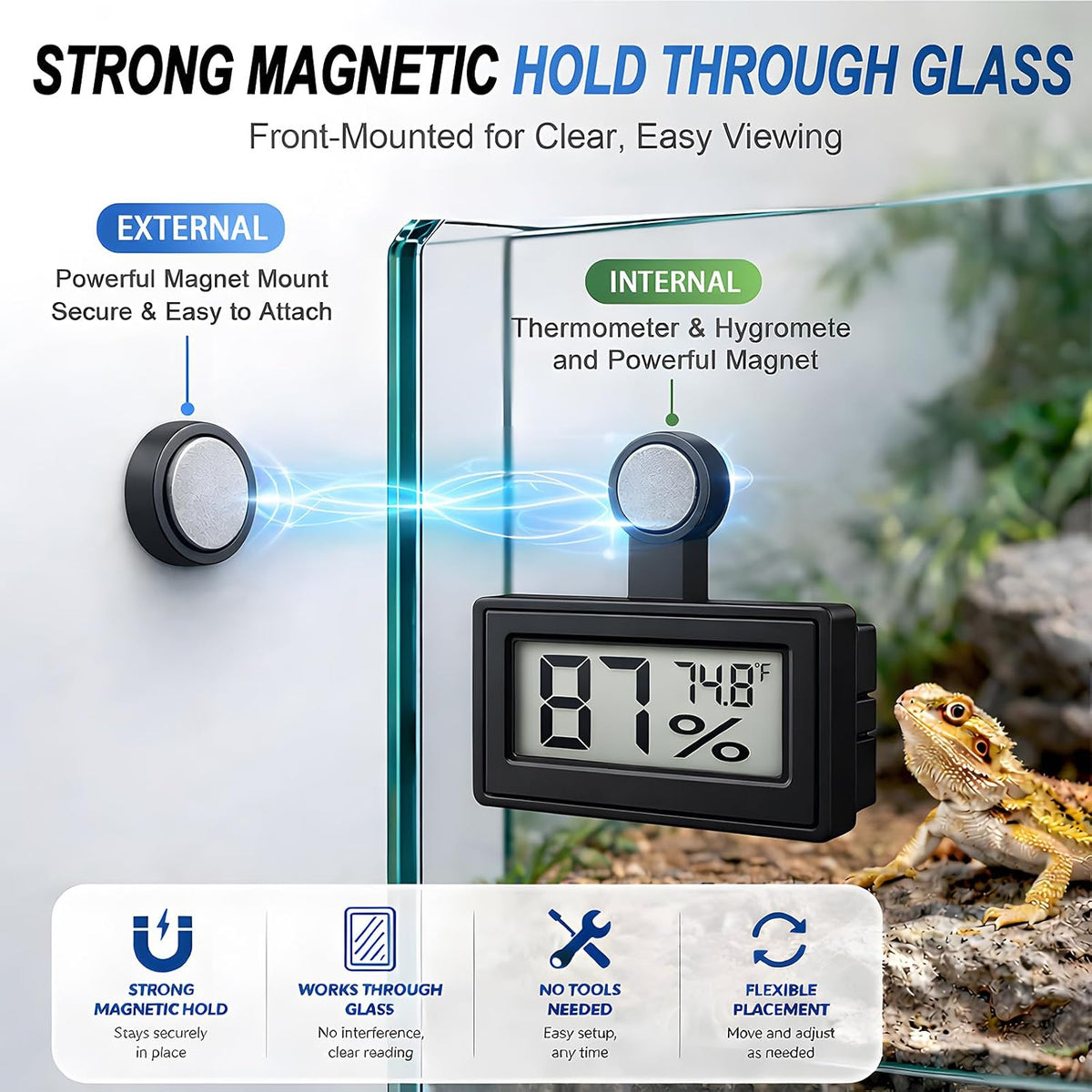 2 Pack Magnetic Reptile Thermometer Hygrometer,Fast-Read °F/°C Digital Temp&Humidity Gauge for Terrarium Tank Enclosure,for Bearded Dragon,Gecko,Snake, Tortoise,Hermit Crab,Jumping Spider (Black)