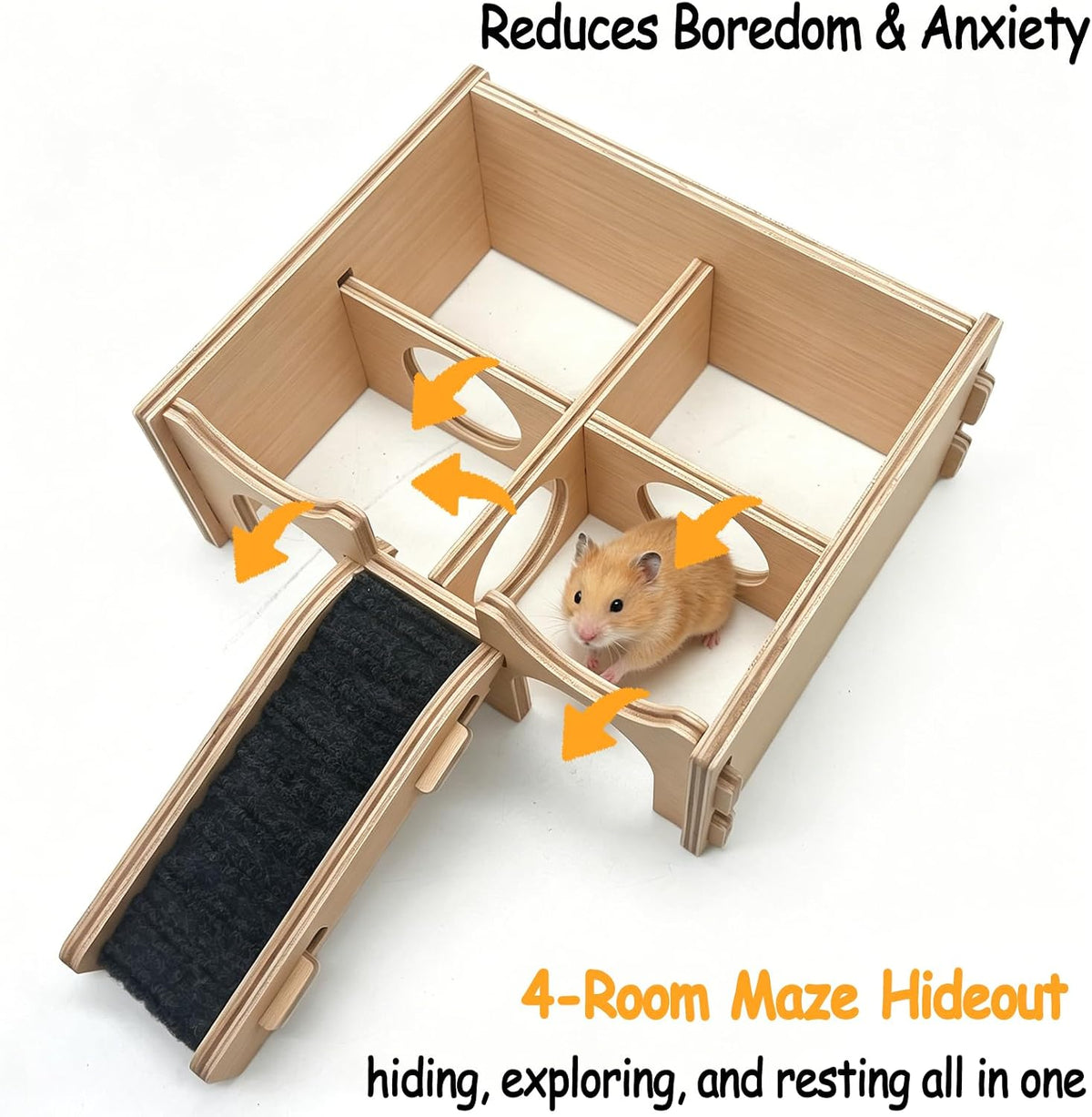Wooden Hamster Hideout,Multi-Chamber Hide House with Bowl & Tent