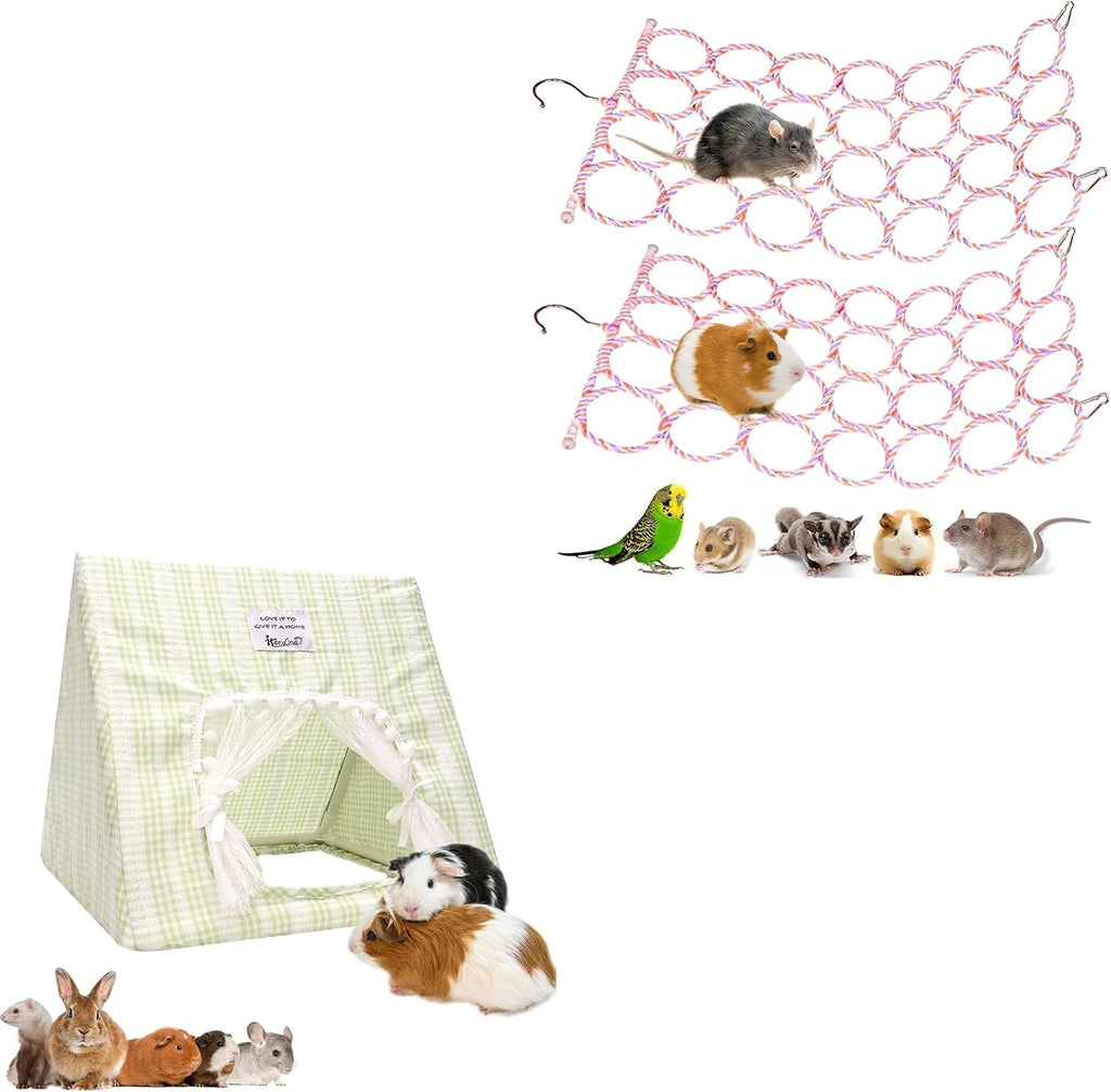 Small Pet Activity Bundle - 2PC Rat Climbing Nets with Large Curtained Hideout for Guinea Pigs Rabbits Ferrets Chinchillas