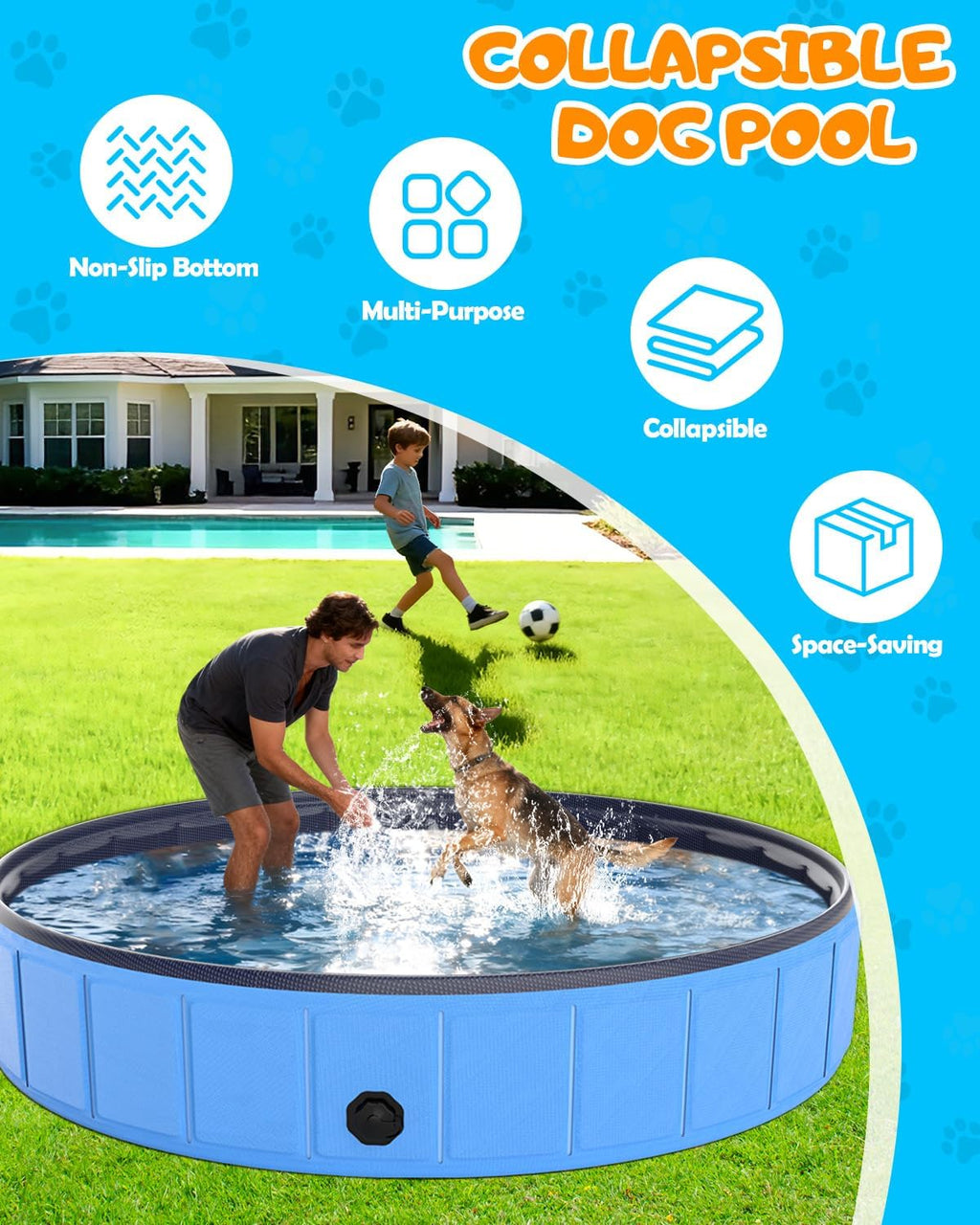 Instraella 79"x16" Dog Pool for Large Dogs, Heavy Duty Hard-Side Foldable Pet Pool, Non-Slip Collapsible Dog Bathing Tub with Drain, Portable Kiddie & Dog Swimming Pool for Outdoor & Indoor Use