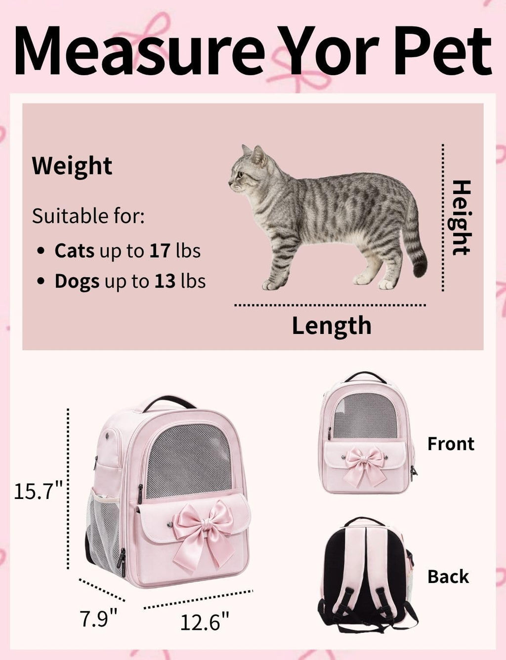Cat Backpack Carrier for Cats and Small Dogs, Cute Puppy Backpack with Bow