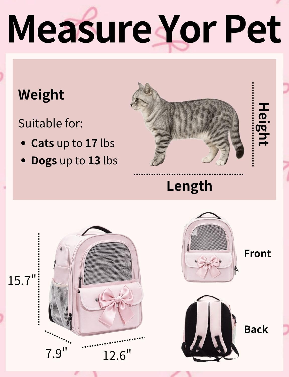 Cat Backpack Carrier for Cats and Small Dogs, Cute Puppy Backpack with Bow