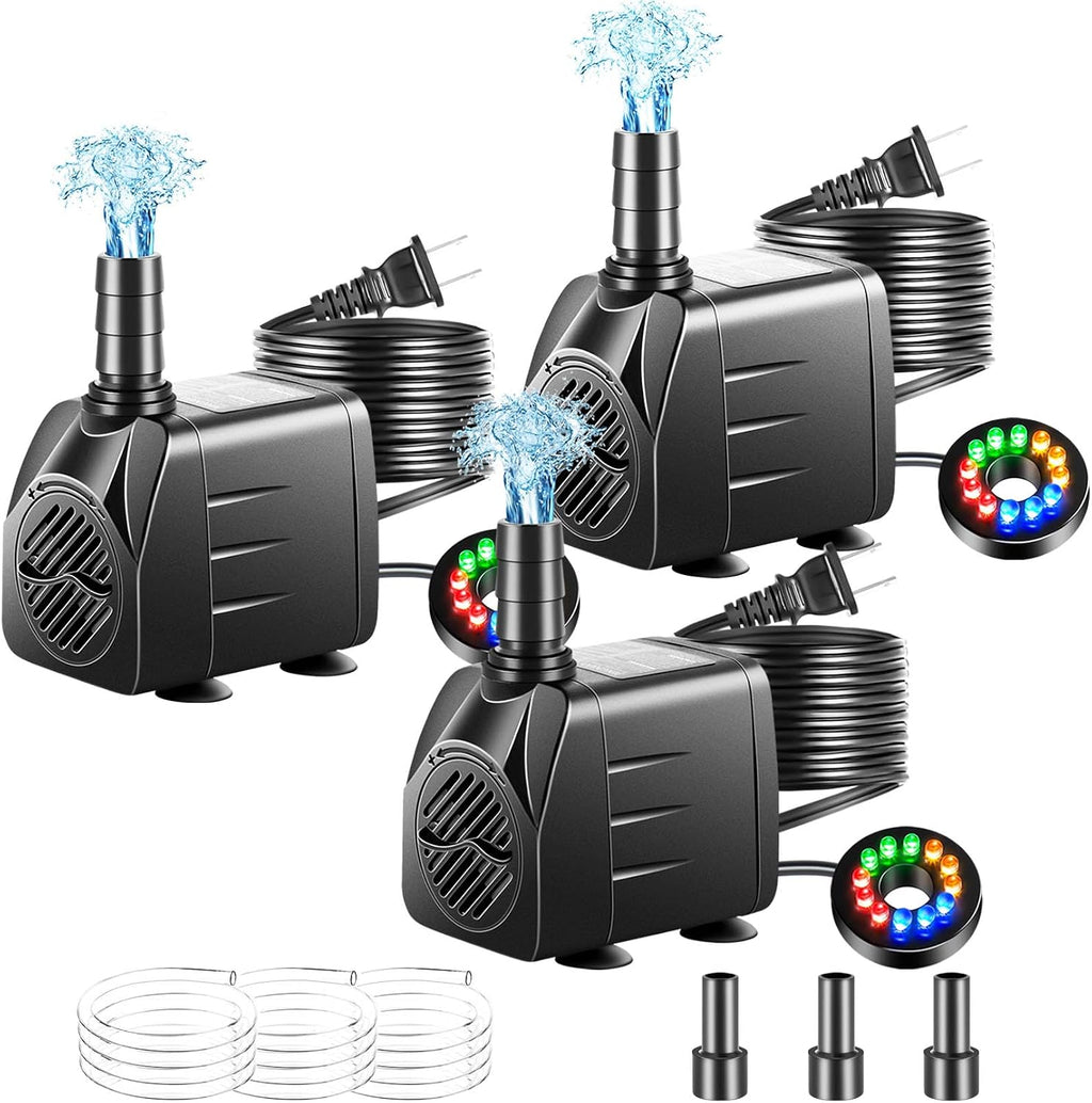 3 Pack Submersible Pump with Led Light, Small Fountain Pump with Tubing, Submersible Water Pump for Aquarium Fish Tank Indoor or Outdoor Pond Fountain Hydroponics Statuary (10W 160GPH)