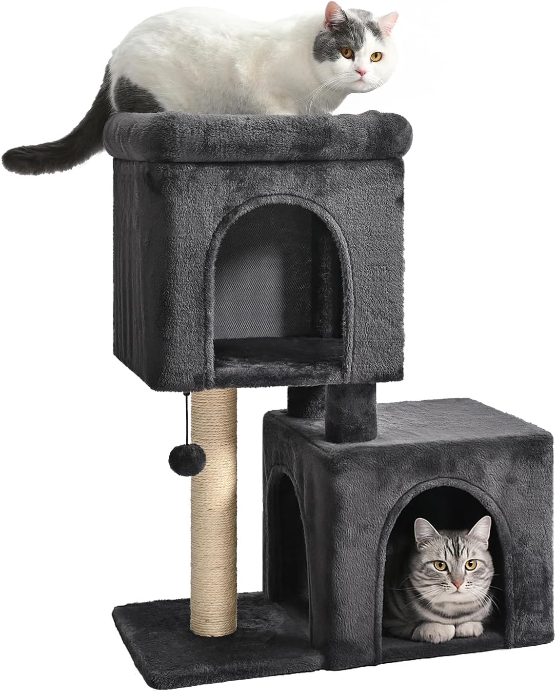 Amazon Basics 30-Inch Cat Tree Tower, Activity Center with 2 Plush Condos, Sisal Scratching Post and Hanging Pompom, Gray