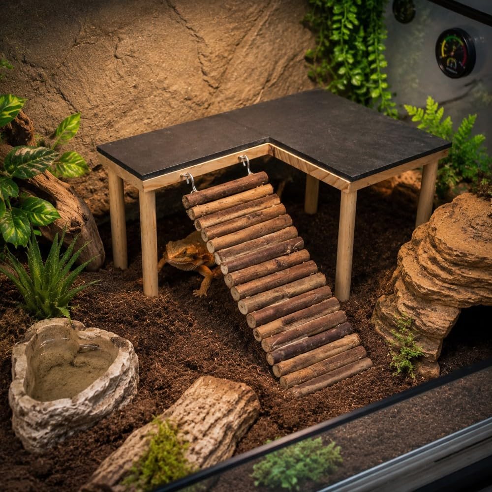 Bearded Dragon Basking Platform, Bearded Dragon Tank Accessories, Reptile Basking Rock with Climbing Ramp and Hideout Cave, Wooden Reptile Habitat Decor for Lizard Gecko Tortoise Snake