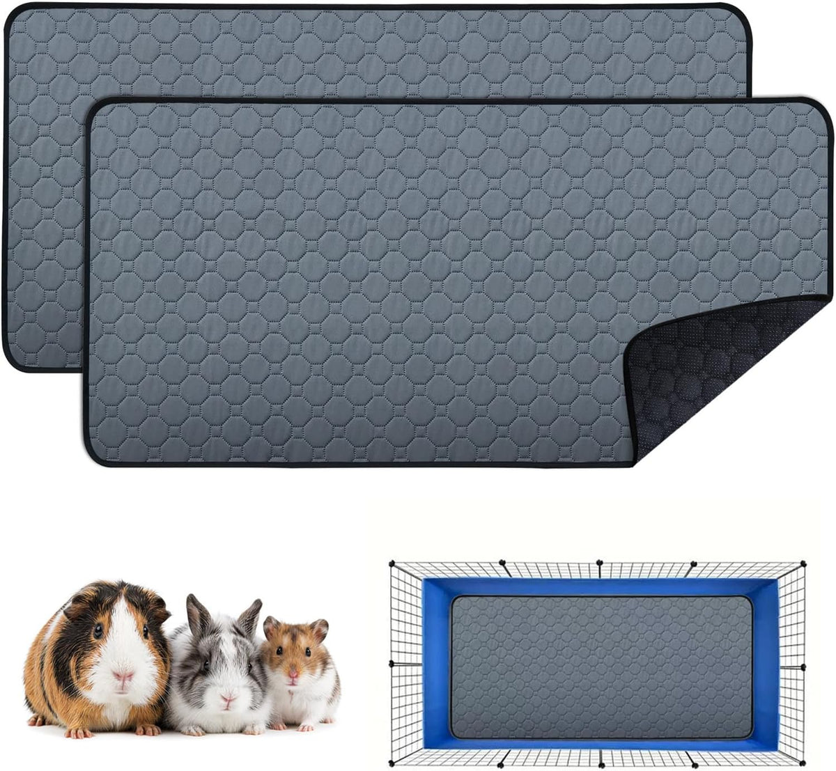 2 Pack Washable Guinea Pig Cage Liners & Pee Pads (24"x48") - Waterproof, Super Absorbent, Non-Slip Bedding for Rabbits, Hamsters, Rats
