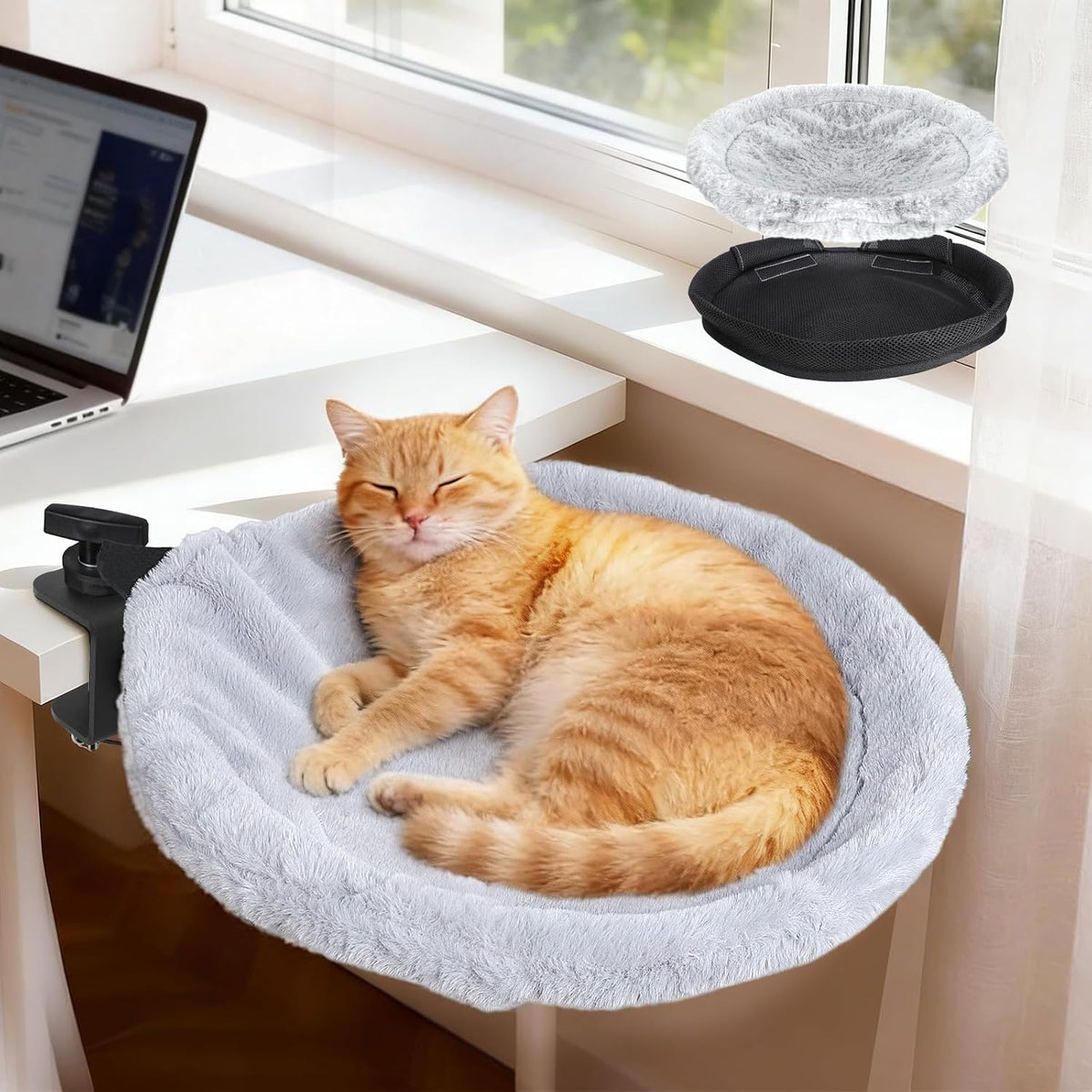 Cat Desk Bed, 16" Desk Mounted Cat Hammock with 360°Swivel Arm,Up to 45LBS
