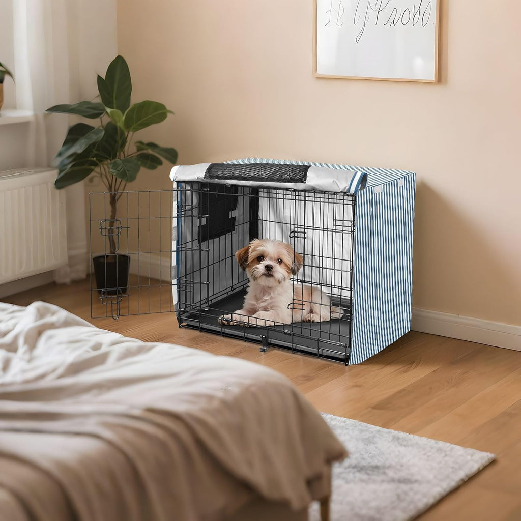 Blue White Stripes Dog Crate Cover 600D Oxford Heavy Duty Kennel Cover Mesh Window Soundproof Waterproof Sunshade Universal Fit for 30 inches Wire Cage