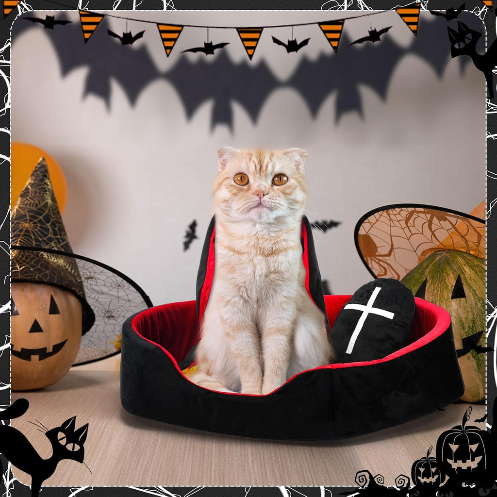 3 Pcs Gothic Coffin Cat Bed Set 19" Red Black Cat Bed Washable