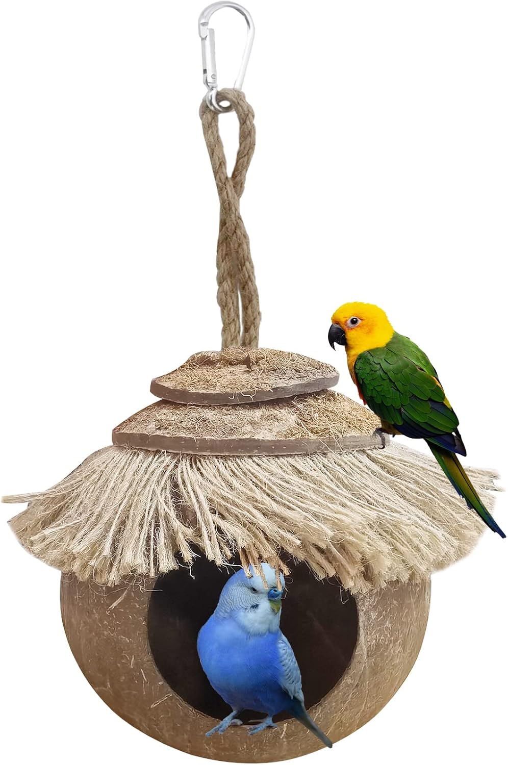 Tfwadmx Coconut Hide with Ladder, Natural Fiber Hanging Birdhouse Cage, Bird Shell Breeding Nest for Parrot, Parakeet, Lovebird, Finch, Canary (2 Pcs)